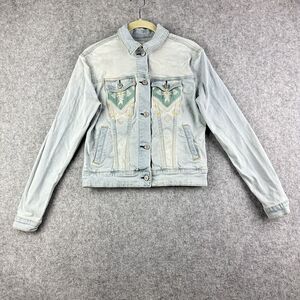 LuLaRoe Jean Trucker Jacket Womens XS Aztec Western Embroidered Light Wash Denim